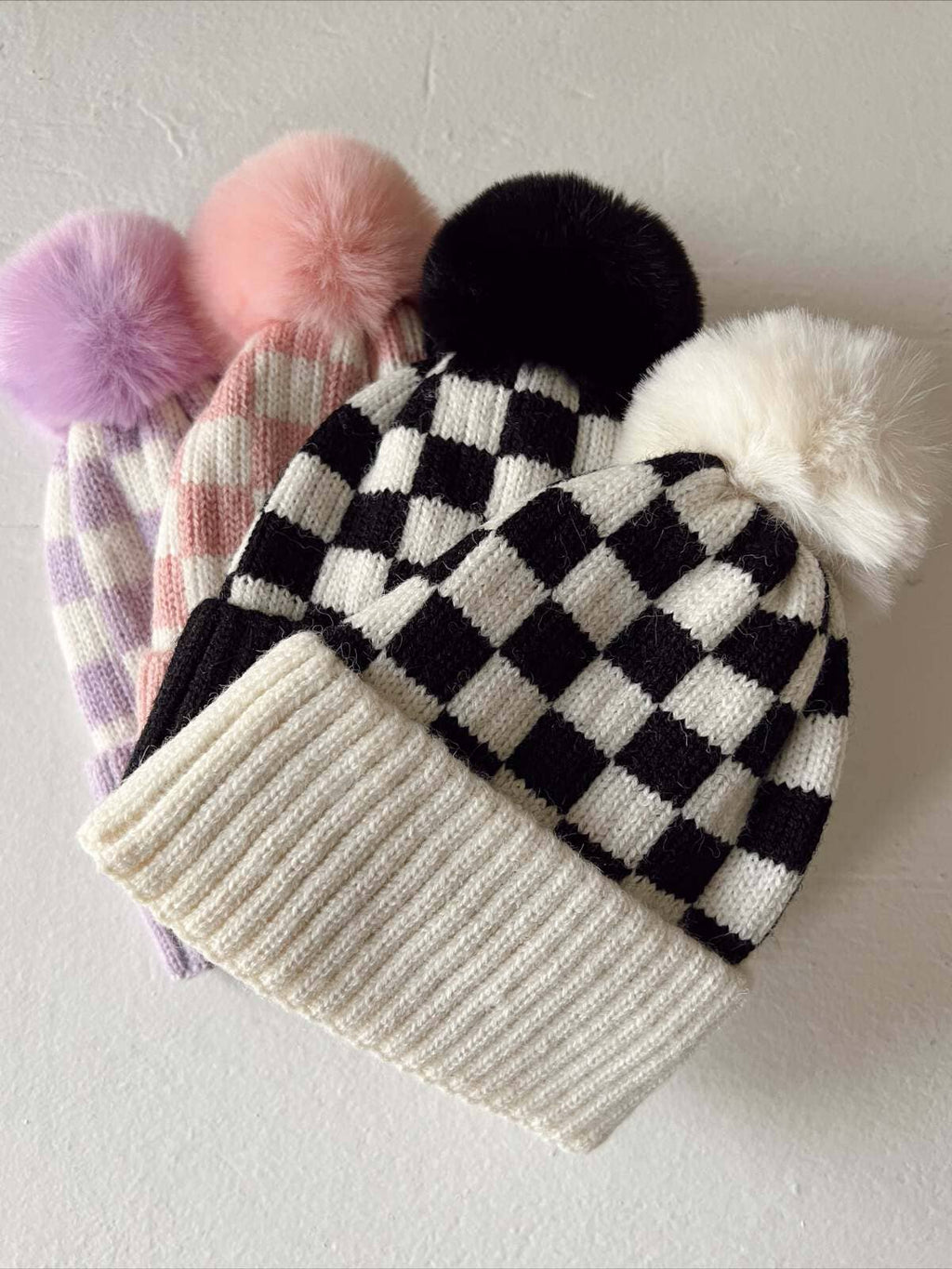 Checkerboard Fur Pom Hat, Cream